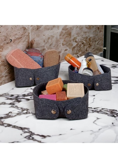 3'lü Keçe Sandal Organizer Set, Çıtçıtlı Düzenleyici Kutu Siyah