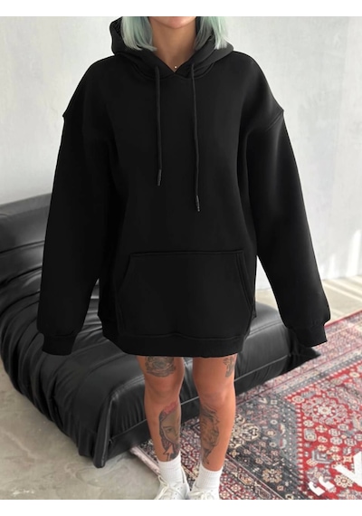 Kapşonlu Üç İplik Penye Basic Sweatshirt - Siyah