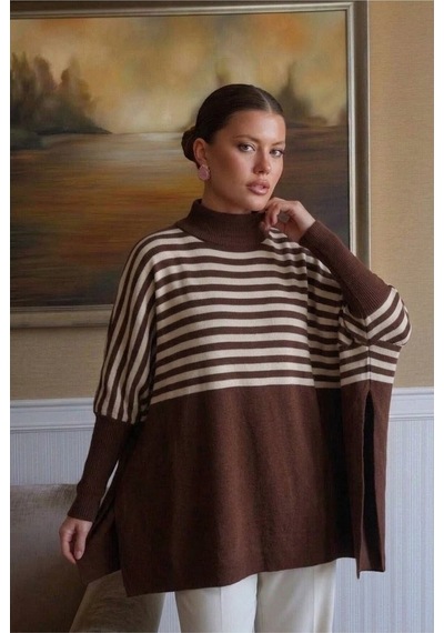 Onno Style Women Çizgili Standart Beden Triko Kadın Panço Kahverengi