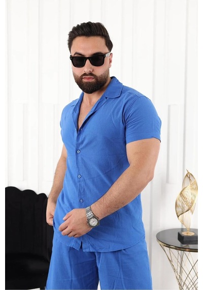 Mcz Giyim Keten Sax Mavisi Renk Slim Fit Erkek Şort - Gömlek Alt Üst Takım