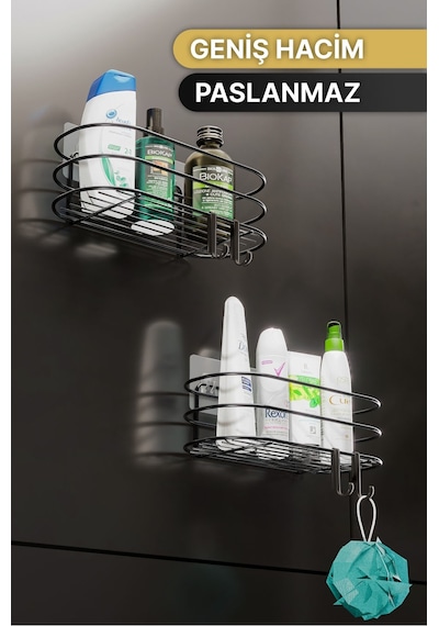 Bino 4 Askılı Şampuanlık Sabunluk Banyo Düzenleyici Duş Rafı Paslanmaz Organizer 2'li Set Siyah