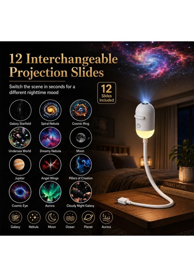 Yıldızlı Gökyüzü Gece Işığı Projektörü, Taşınabilir 2'si 1 Arada Projektör, 12 Projeksiyon Filmleri, 360 Ayarlanabilir Parlaklık Kontrolü, Led Gece Işığı Çocuklar Ve Y