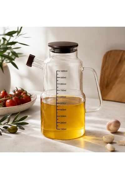 Porsima Lm-0107 Evora Kapaklı Borosilikat Cam Yağlık Sirkelik Yağdanlık 1000ml Şeffaf
