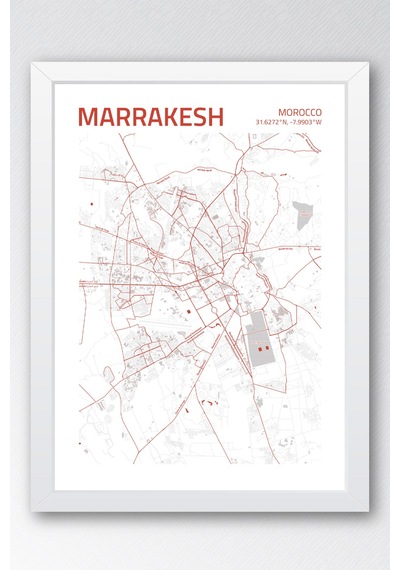 Marakeş Fas Morocco Haritası Çerçeveli Tablo Lüks Salon Ofis Duvar Dekorasyonu Hediyelik Tablo Beyaz
