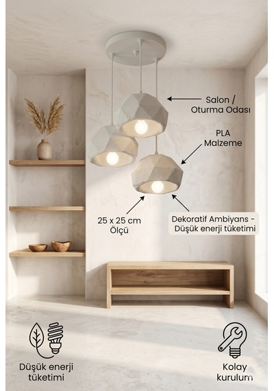 3 Lü Beyaz Geometrik Dekoratif Avize - Ayarlanabilir Boy Sarkıt Aydınlatma - Kırılmaz Hafif Pla Malzeme Modern Salon Lambası