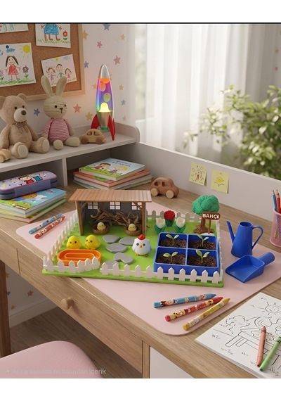 Kutpia Mini Bahçe Çocuk Oyun Ve Eğitim Seti 25x19cm - Sevimli Tavuklar Mavi