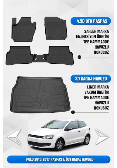 Volkswagen Polo 2010-2017 Uyumlu 4.5d Premium Havuzlu Oto Paspas Ve Liner Üst Bagaj Havuzu