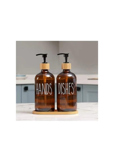 Dispenser Seti 2 Li Şişe Hands Dishes Etiketli Bambu Kapaklı Sıvı Sabun Deterjan Pompası Çok Renkli