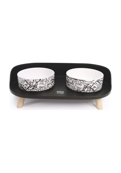 M-pets Altitude Urban Style Double Raised Pet Bowl 2li Siyah Beyaz