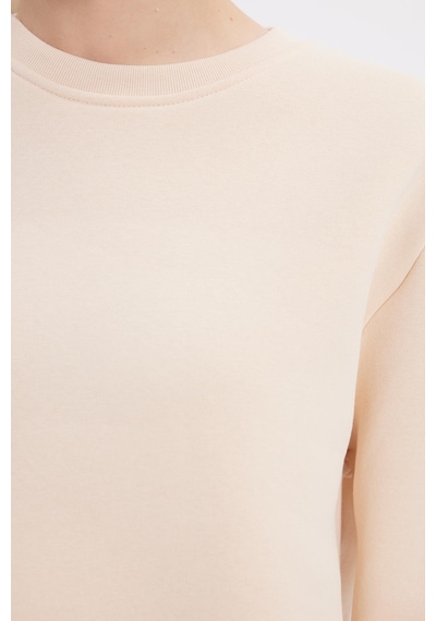 Tudors Kadın Oversize Geniş Kesim Pamuklu 3 İplik İçi Polarlı Basic Bej Bisiklet Yaka Sweatshirt-42065 Bej
