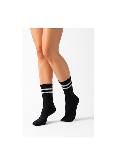 Kadın 2 Li Tenis Çorabı Siyah Beyaz Çizgili Spor Çorap Nefes Alabilir Rahat Konçlu Siyah