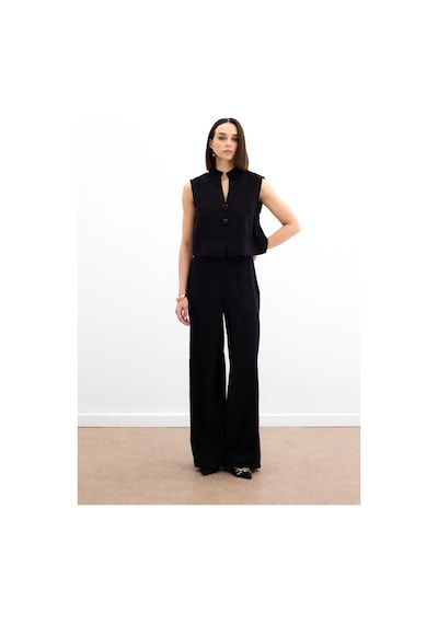 Sateen Yüksek Bel Keten Pantolon - Siyah-136160 Siyah