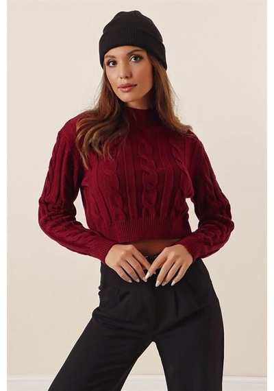 Yarım Balıkçı Yaka Saç Örgülü Kısa Crop Bordo Kazak Bordo
