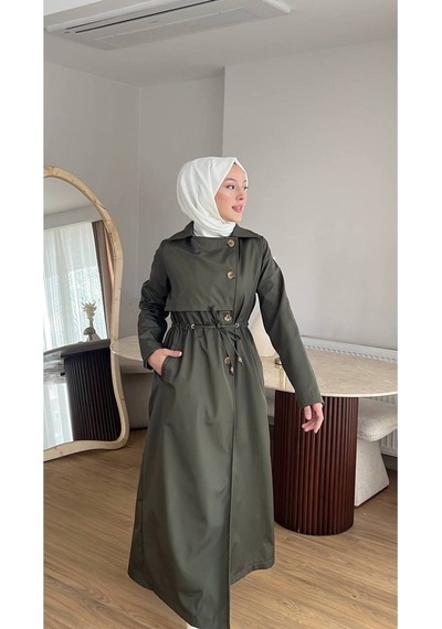 Esra Butik78 Kadın Düğmeli Trençkot Kendi Kumaşından Kemerli Model Haki