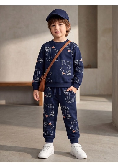 Zekids Erkek Çocuk Yumuşak Dokulu Baskılı Eşofman Takımı-17597 Lacivert