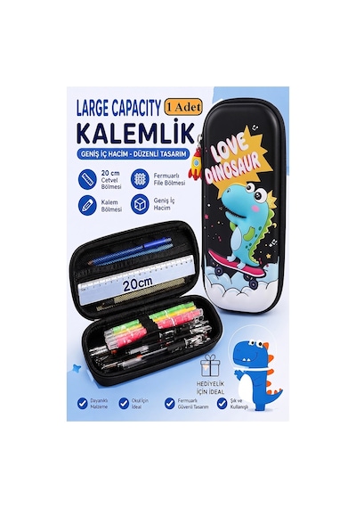 Dinazor Kabartmalı Bölmeli Kalemlik 1 Adet P-5953 Erkek Çocuk Okul Kalem Kutusu 3 Boyutlu Sevimli Karikatür Hediyelik Turuncu