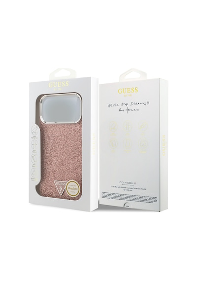 Apple Uyumlu iPhone 17 Pro Max Kılıf Guess Lisanslı M-safeli Metal Kamera Çerçeveli Üçgen Logolu Glitter Pembe Pembe