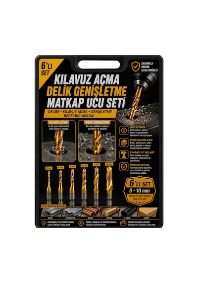 6'lı Kombi Kılavuz Matkap Ucu Seti Hss Titanyum Metal Delme Diş Açma Pafta Takımı