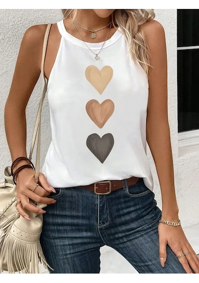 Moderie Butik Kadın Omuzlardan Açık Boyundan Askılı Kalp Baskılı Viskon Bluz Beyaz