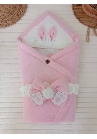 Yenidoğan 4 Kat Müslin Kumaş Kulaklı Patili Fiyonk Bebek Battaniyesi Kundak Pembe Pembe