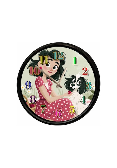 Küçük Kız Ve Sevimli Köpek Tasarımlı Dekoratif Duvar Saati 28 Cm Sessiz Mekanizma Çok Renkli