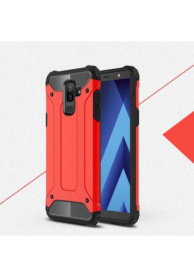 Ekılıf - Samsung Galaxy J8 Uyumlu Kılıf Çift Katman Zırh Tank Crash Military Kapak - Kırmızı