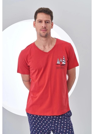 Pjs 24307 Erkek Bordo V Yaka Yelken Baskılı Kısa Kol Pijama Takımı Bordo