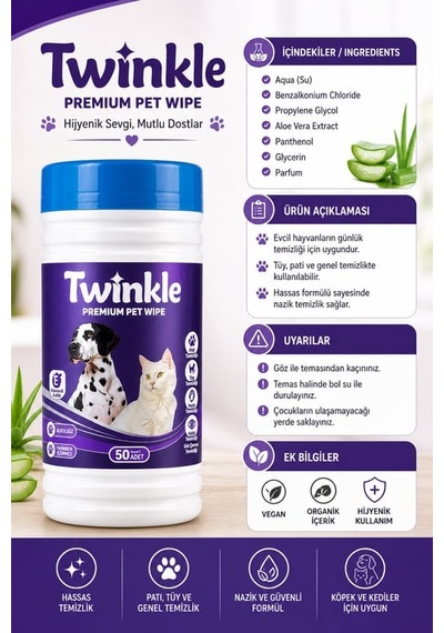 Twinkle Kedi & Köpek İçin Hijyenik Premium Islak Mendil 50'li 10'li Paket