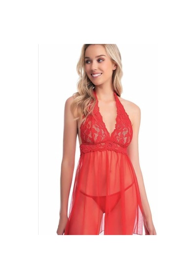 Kadın Kırmızı Dantel Babydoll Gecelik Transparan Tül İç Giyim Takımı Açık Bej - Beyaz