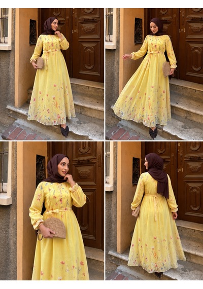 Efulim Womens Modal Tül Şifon Elbise Sarı