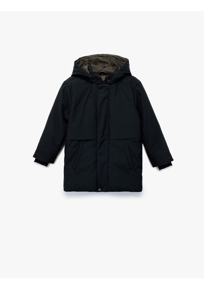 Koton Uzun Kollu Çıtçıtlı Cepli Slim Fit Kapşonlu Mont Lacivert 7wkb00008tw