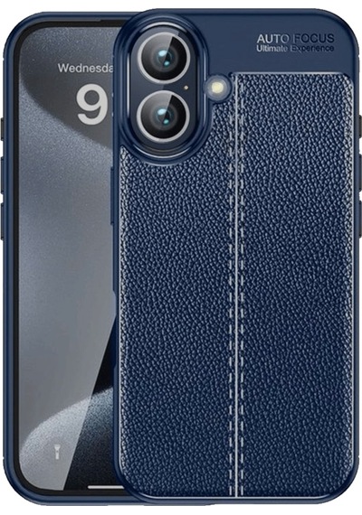 Apple Uyumlu iPhone 16 Kılıf Focus Deri Desen Silikon Arka Kapak Lacivert