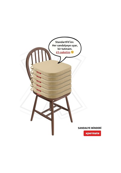 Xpermate 6'li Sandalye Minderi Seti Oval 42x42x5 Cm Standart Fit, Fermuarlı Yıkanabilir Kılıf, Bağcıklı Kaymaz, L Diğer
