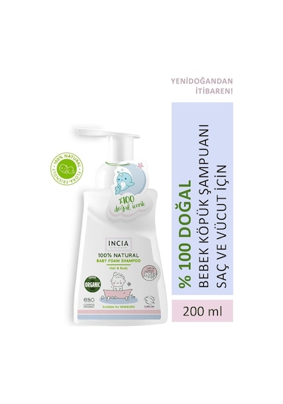 INCIA %100 Doğal Organik Sertifikalı Bebek Köpük Şampuanı Saç Vücut Lavanta Konak Önleyici Yenidoğan 200 ml