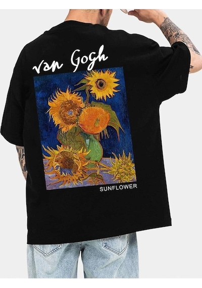 Unisex Siyah Oversize Van Gogh Baskılı Örme T-shirt Siyah-57130
