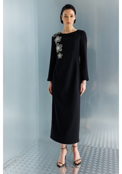 Moda İlgi Kadın Çiçek Desenli Taş Aksesuarlı Klasik Kalem Elbise 0093 Siyah Siyah Moda İlgi Kadın Çiçek Desenli Taş Aksesuarlı Klasik Kalem Elbise 0093 Siyah Siyah