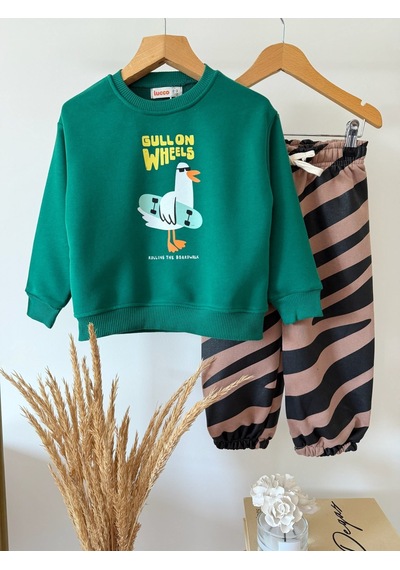 Magu Çocuk Pamuklu Oversize Baskılı Yeşil Sweatshirt Ve Desenli Eşofman Altı Takımı