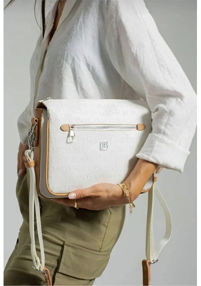 Just Polo Orijinal Kadın 3 Bölmeli Lüks Omuz Çantası Shopper Beyaz - Taba