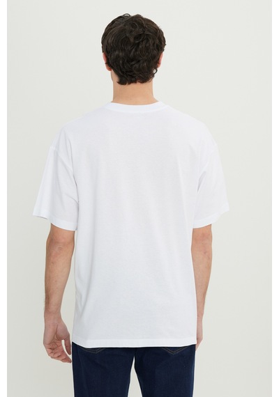 AC&Co / Altınyıldız Classics Erkek Beyaz %100 Pamuk Oversize Fit Rahat Kesim Bisiklet Yaka Baskılı Tişört Beyaz