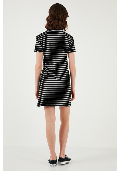 Lela Çizgili Slim Fit Mini Boy Düğmeli Polo Yaka Kısa Kollu Bayan Elbise 5866151 Siyah-Beyaz
