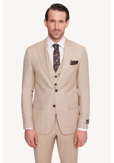 Erkek Bej Slim Fit Sivri Yaka Takım Elbise