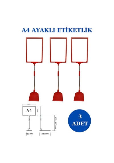3 Adet Kırmızı A4 Ayaklı Sepet Etiketi Çerçeveli Etiketlik Kırmızı