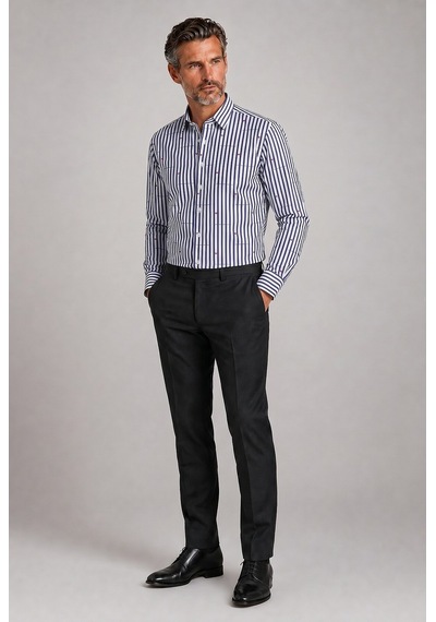 Bisse Lacivert Regular Fit Pamuk Çizgili Spor Yaka Kalın Gömlek Gm23k232057 C39