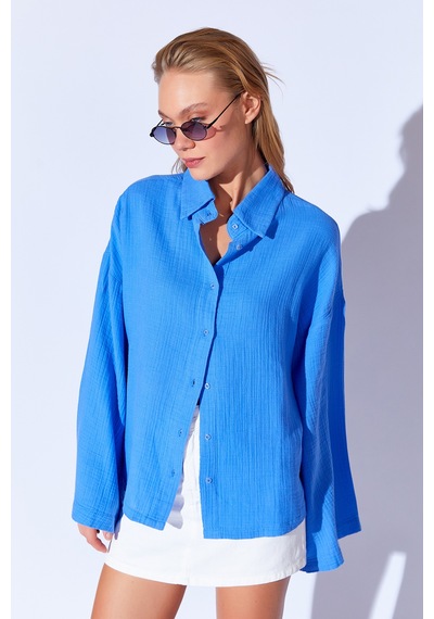 Manche Saks Kolları Salaş Yıkamalı Müslin Oversize Rahat Kalıp Kadın Basic Gömlek Mks166881-01 Manche Saks Kolları Salaş Yıkamalı Müslin Oversize Rahat Kalıp Kadın Basic Gömlek Mks166881-01
