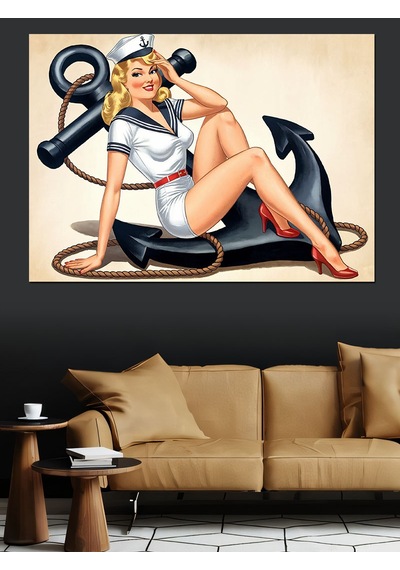 Demir Çapalı Pin-up Kadın Dekoratif Kanvas - Mdf Ahşap Tablo