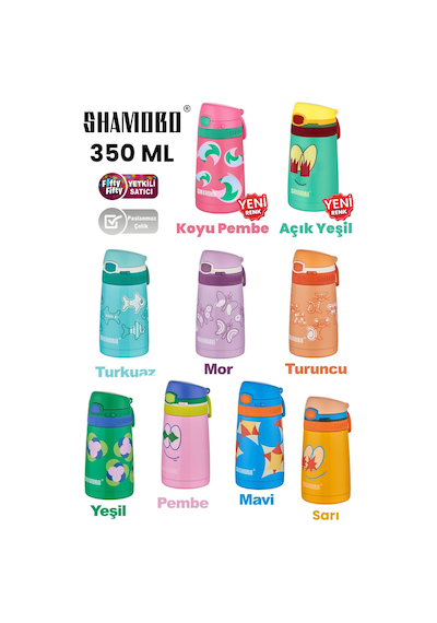 Shamobo 2li Set Pipetli Çelik Termos 350ml -6 Saat Isı Yalıtımı- Pembe - Açık Yeşil
