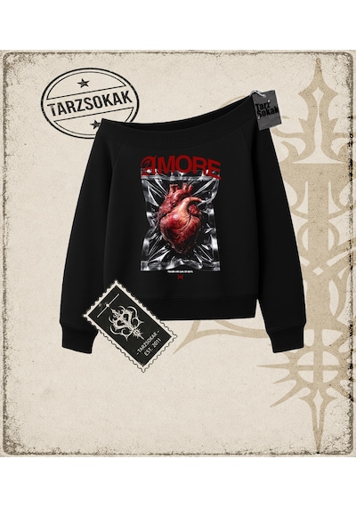 Tarzsokak Gotik & Grunge Streetwear Amore Halftone Kayık Yaka Sweatshirt Siyah