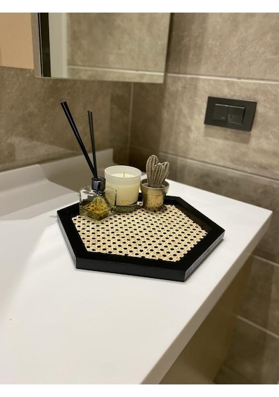 Rattan Hazeran Altıgen Tepsi Siyah %100 Doğal Hazeran