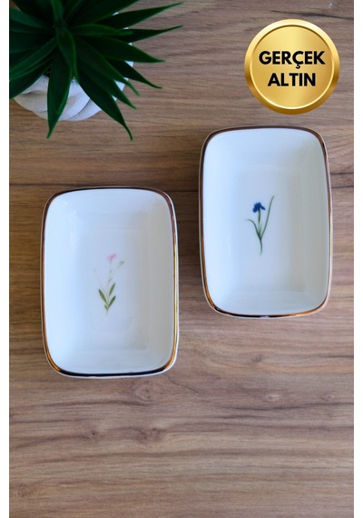 Tabak Evi Porselen Natura Karma Altın Yaldızlı Dikdörtgen Kayık Tabak 12x8,50cm 2 Parça Çok Renkli