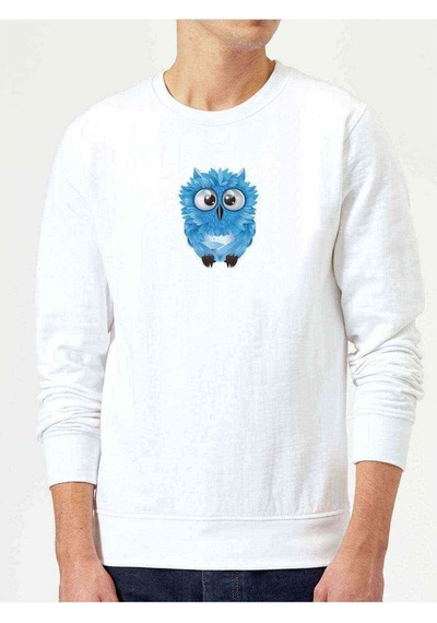 Sevimli Mavi Baykuş Baskılı Beyaz Erkek Örme Sweatshirt